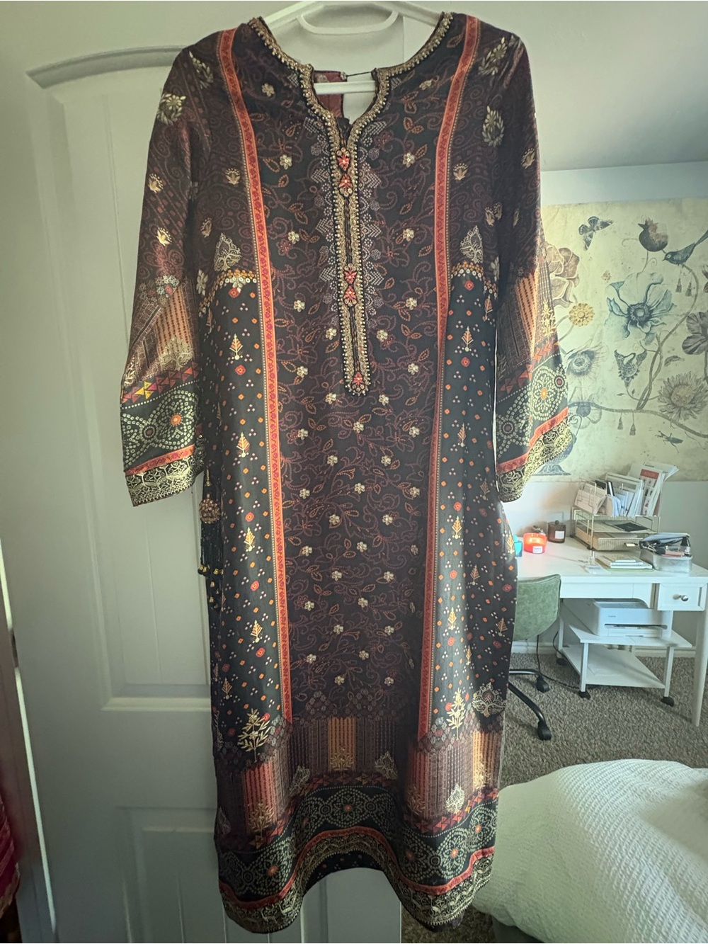 Boho Embroidered Paisley Long Sleeve Dress - Dark Brown
